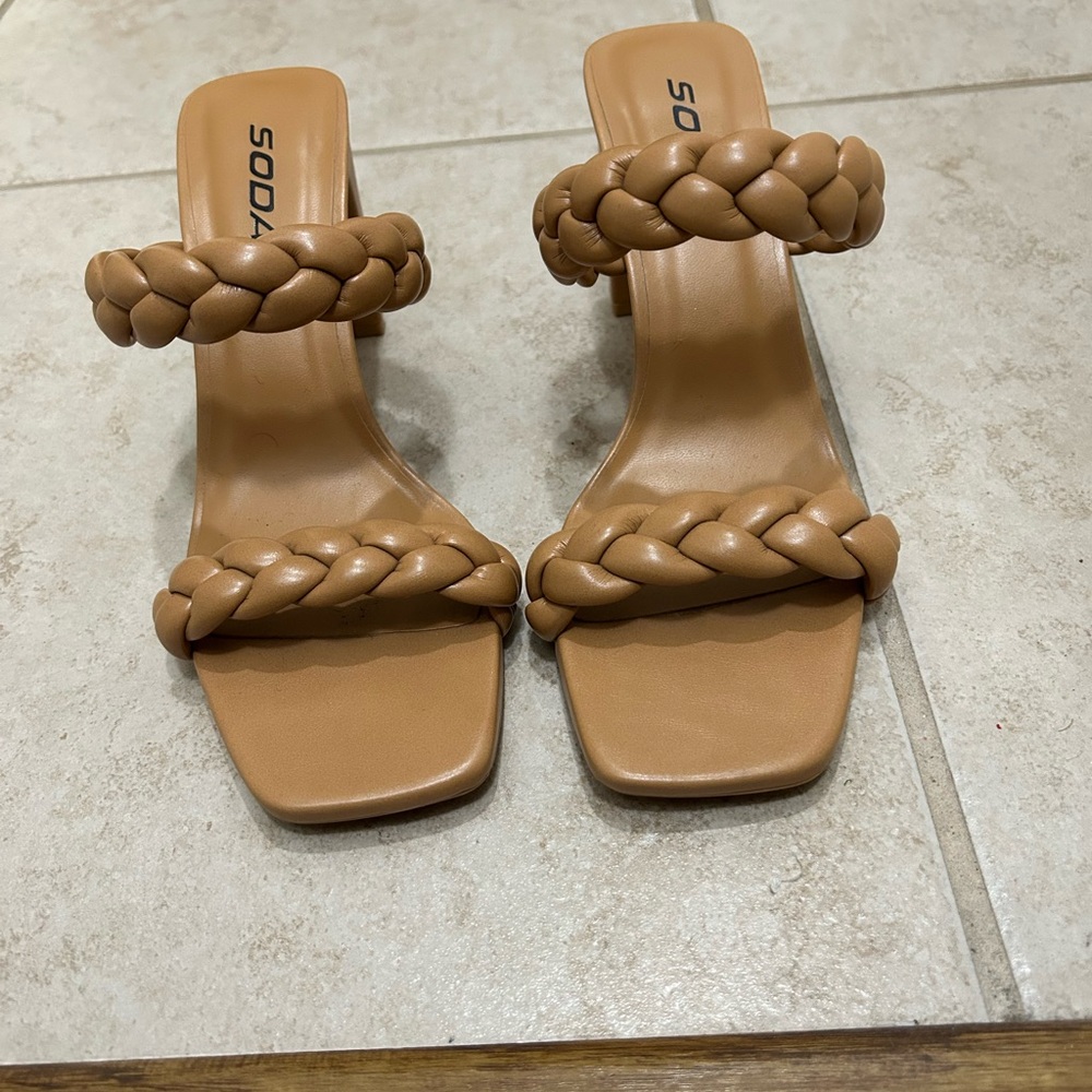 Soda Women's Tan Braided Strap Heels